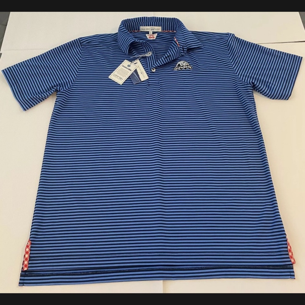 Bald Head Blues Men's Shipwreck Golf Striped Polo Shirt Blue Size Large NWT